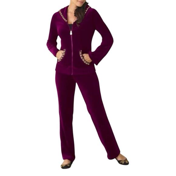 Monroe & Main Pants - Monroe & Main Velour Tracksuit Burgundy Chain Trim Zipper Jacket Active Pant Set